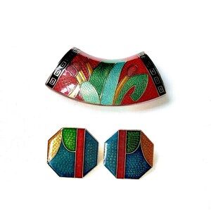 Vintage 80’s Peter Bex Earrings & Cloisonne Scarf Slide Retro Style